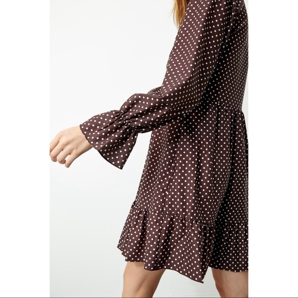 Comfy Babydoll Brown Dot Print Mini Tiered Dress - Picture 3 of 5